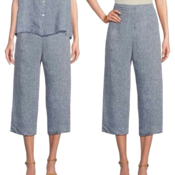 bryn Walker Pants - Bryn Walker Linen Straight Leg Pull On Comfort Wide Leg Cropped Pants Blue Sz M